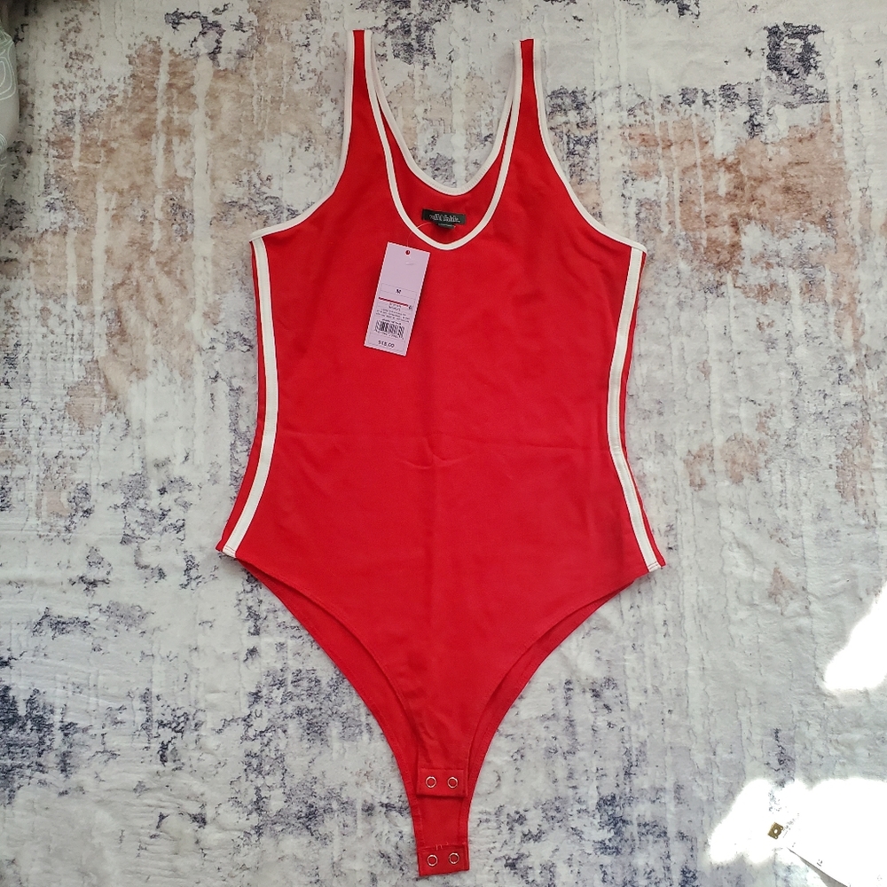 NWT Wild Fable Red Athletic Bodysuit White Trim & Stripes Tank Top Sz Medium